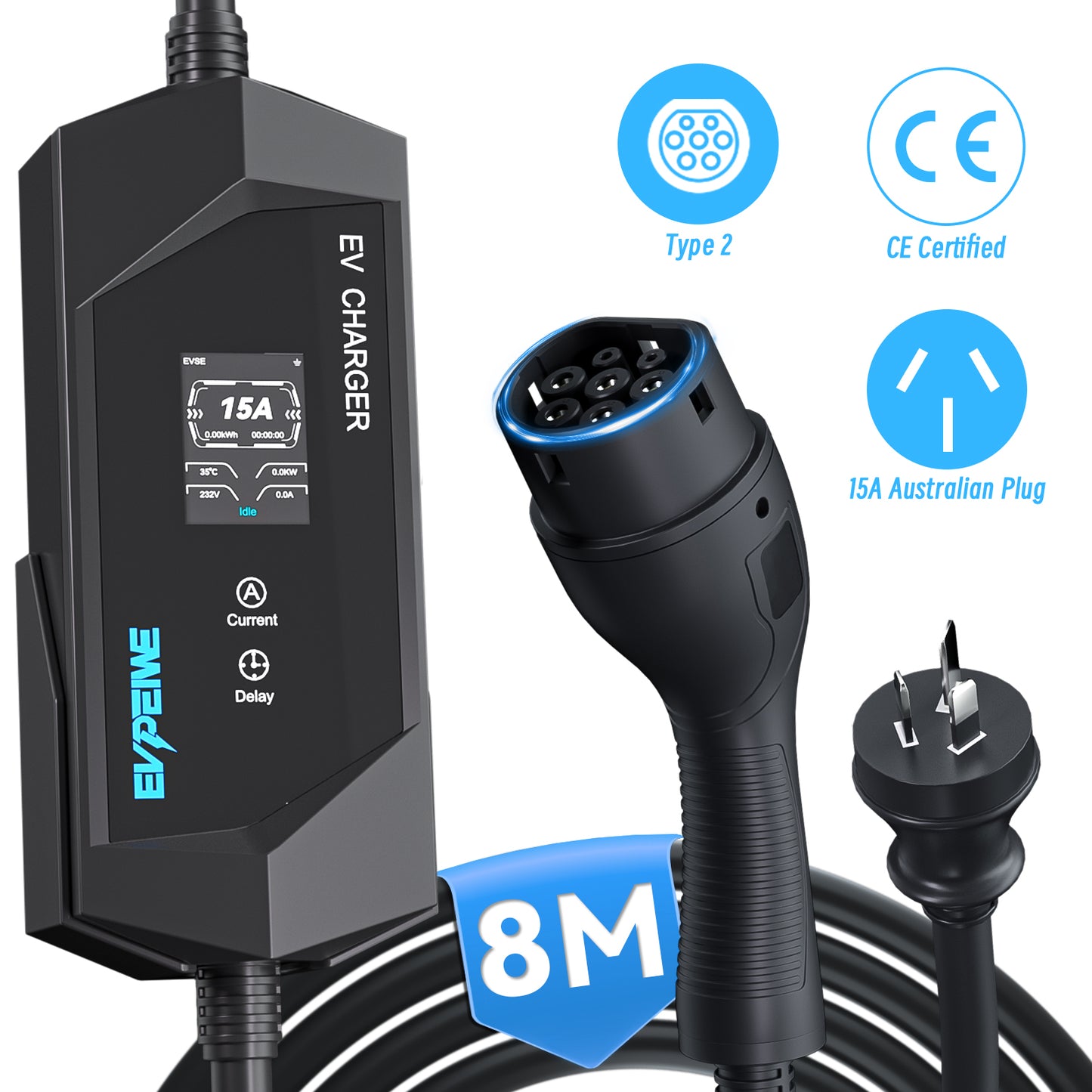EVPEIWE 3.6kW Portable EV Charger ,Type 2, 6-15A, AU 15A Plug, 5/8/10M, Black/Silver Optional