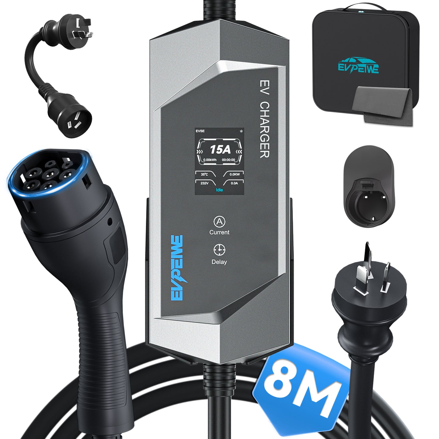 EVPEIWE 3.6kW Portable EV Charger ,Type 2, 6-15A, AU 15A Plug, 5/8/10M, Black/Silver Optional