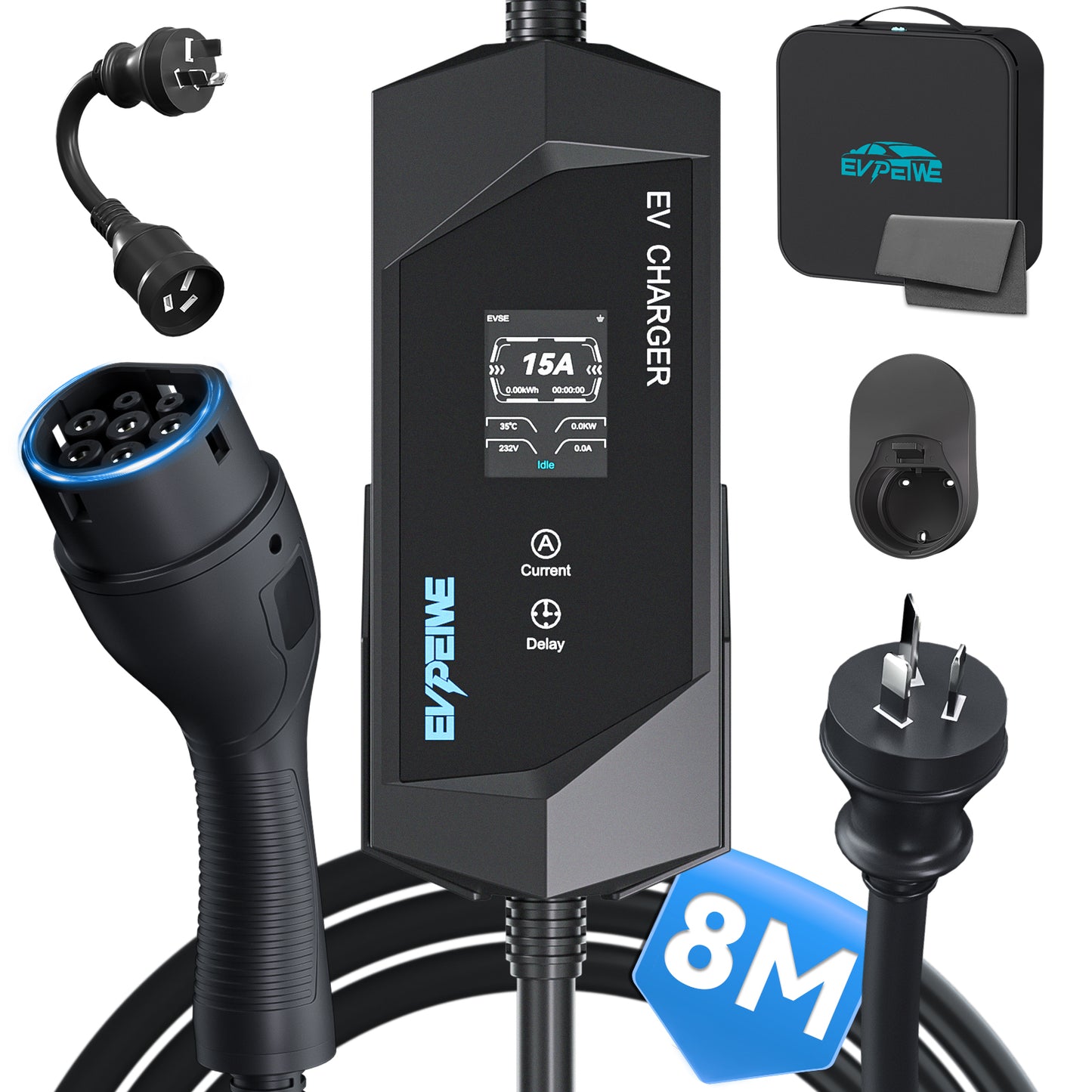 EVPEIWE 3.6kW Portable EV Charger ,Type 2, 6-15A, AU 15A Plug, 5/8/10M, Black/Silver Optional