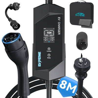 EVPEIWE 3.6kW Portable EV Charger ,Type 2, 6-15A, AU 15A Plug, 5/8/10M, Black/Silver Optional