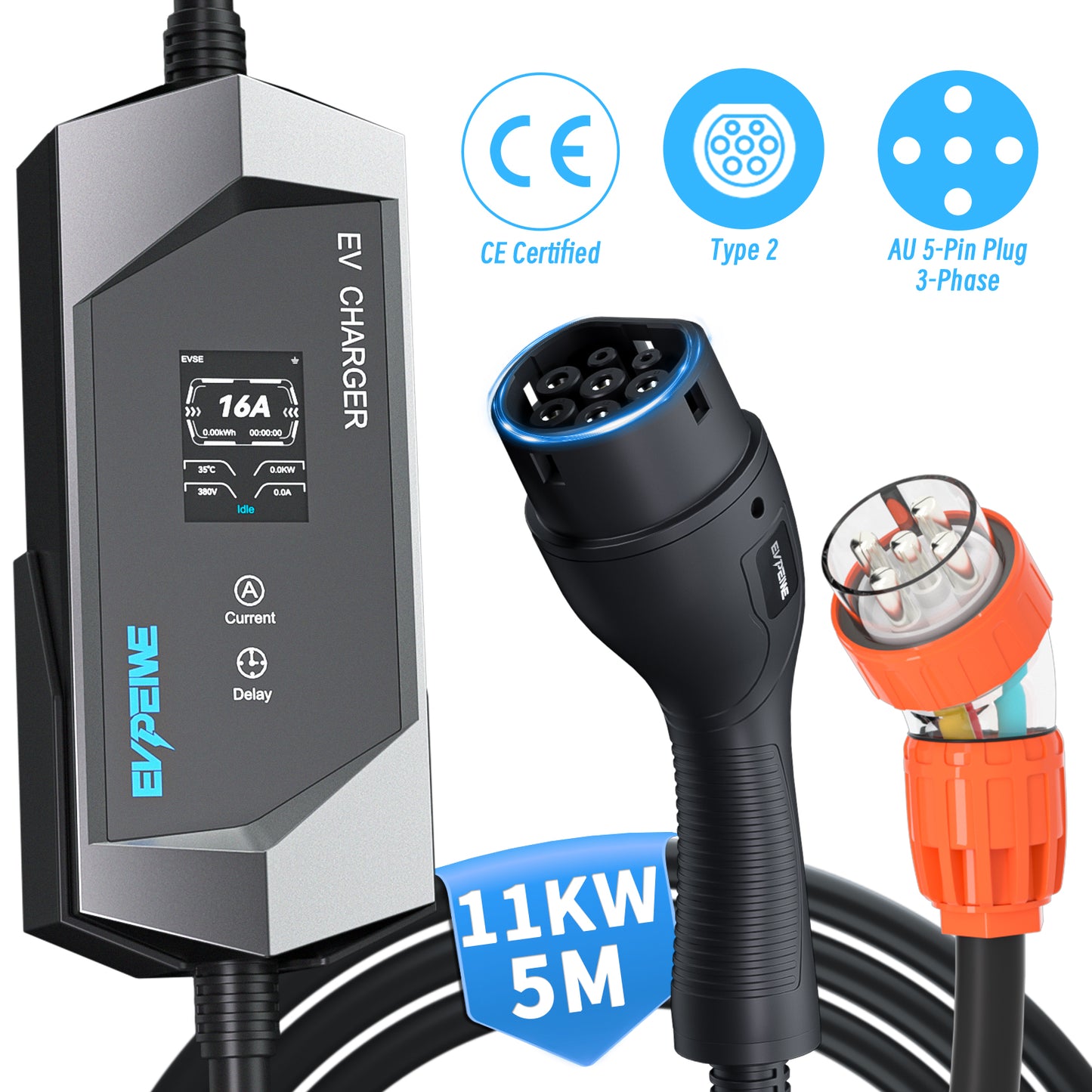 EVPEIWE 11kW 3-Phase Portable EV Charger,16A Adjustable Type 2 (IEC 62196-2) EV Charging Cable with 5-Pin Socket, 5M/8M Cord, IP65 Waterproof