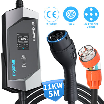EVPEIWE 11kW 3-Phase Portable EV Charger,16A Adjustable Type 2 (IEC 62196-2) EV Charging Cable with 5-Pin Socket, 5M/8M Cord, IP65 Waterproof