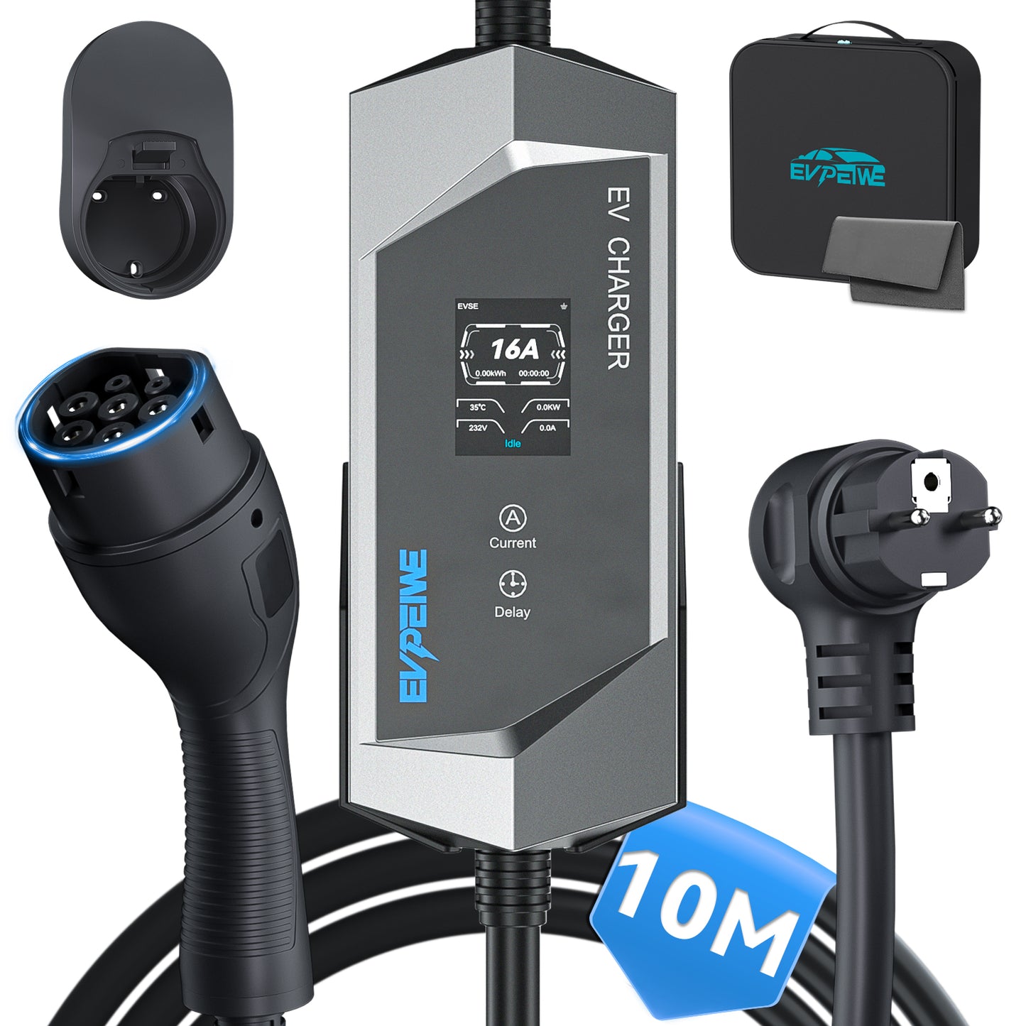 EVPEIWE Type 2 Portable EV Charger, Schuko Plug 6-16A 3.6KW Charging Cable for BEV/PHEV, with Holder & Bag (Black/Silver)