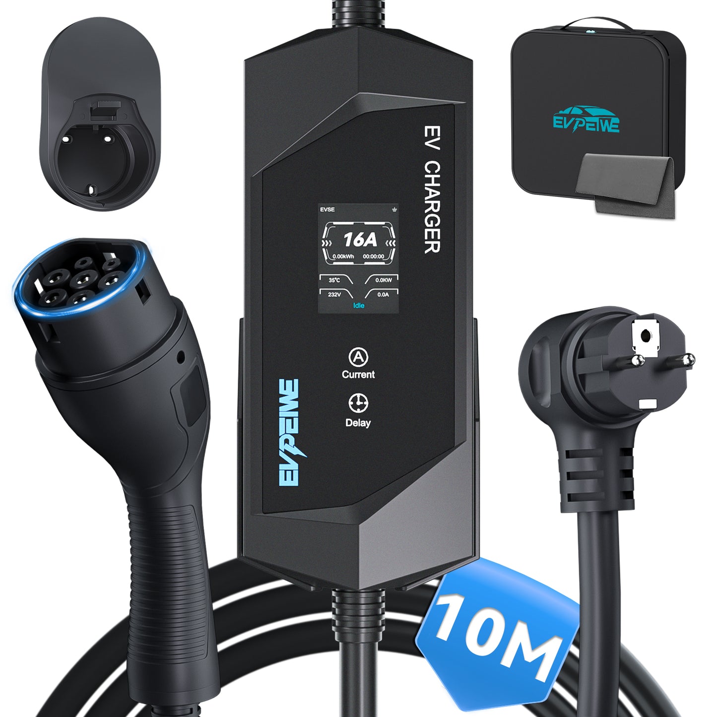 EVPEIWE Type 2 Portable EV Charger, Schuko Plug 6-16A 3.6KW Charging Cable for BEV/PHEV, with Holder & Bag (Black/Silver)