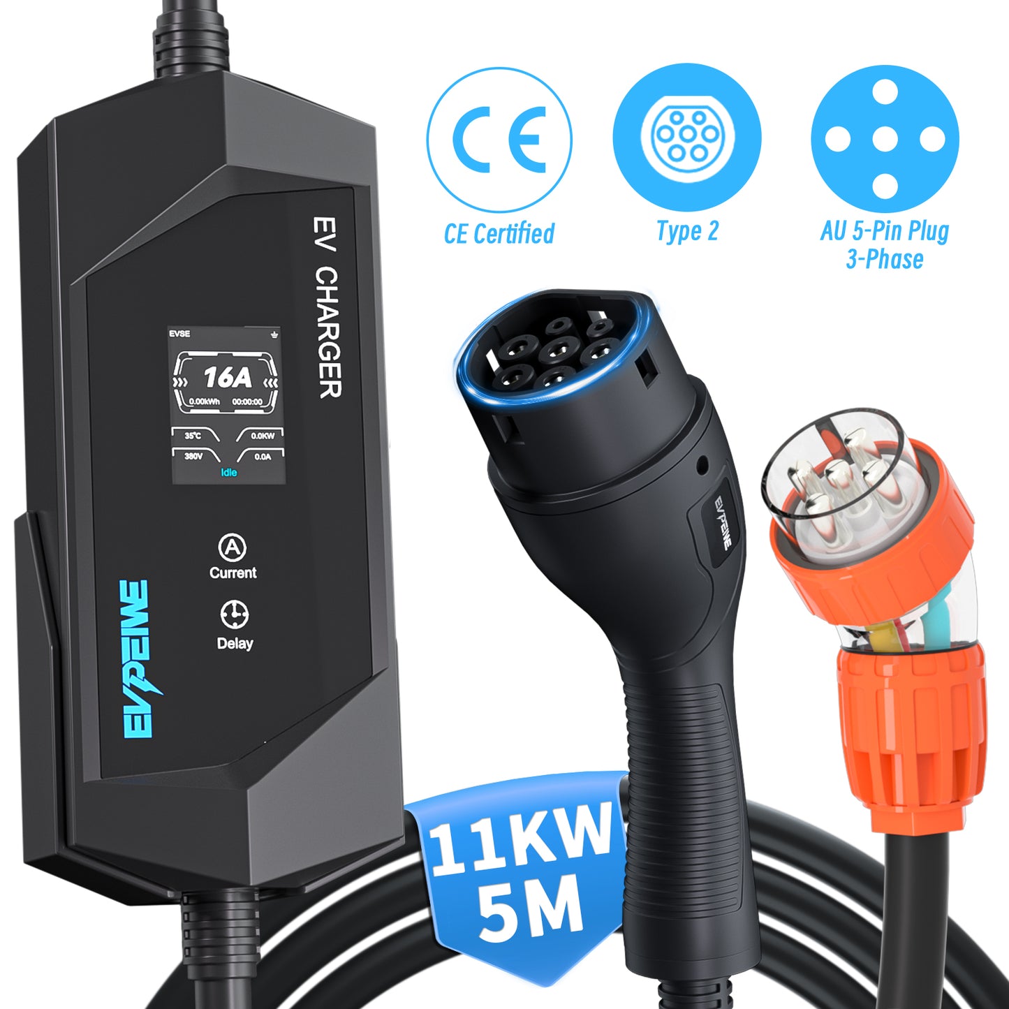 EVPEIWE 11kW 3-Phase Portable EV Charger,16A Adjustable Type 2 (IEC 62196-2) EV Charging Cable with 5-Pin Socket, 5M/8M Cord, IP65 Waterproof