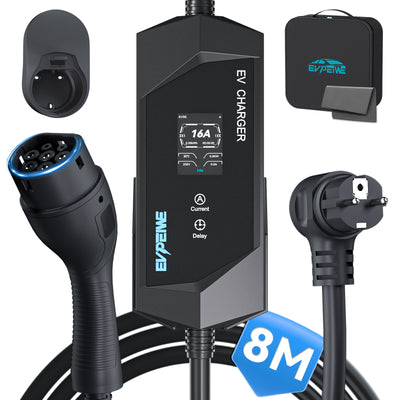 EVPEIWE Type 2 Portable EV Charger, Schuko Plug 6-16A 3.6KW Charging Cable for BEV/PHEV, with Holder & Bag (Black/Silver)
