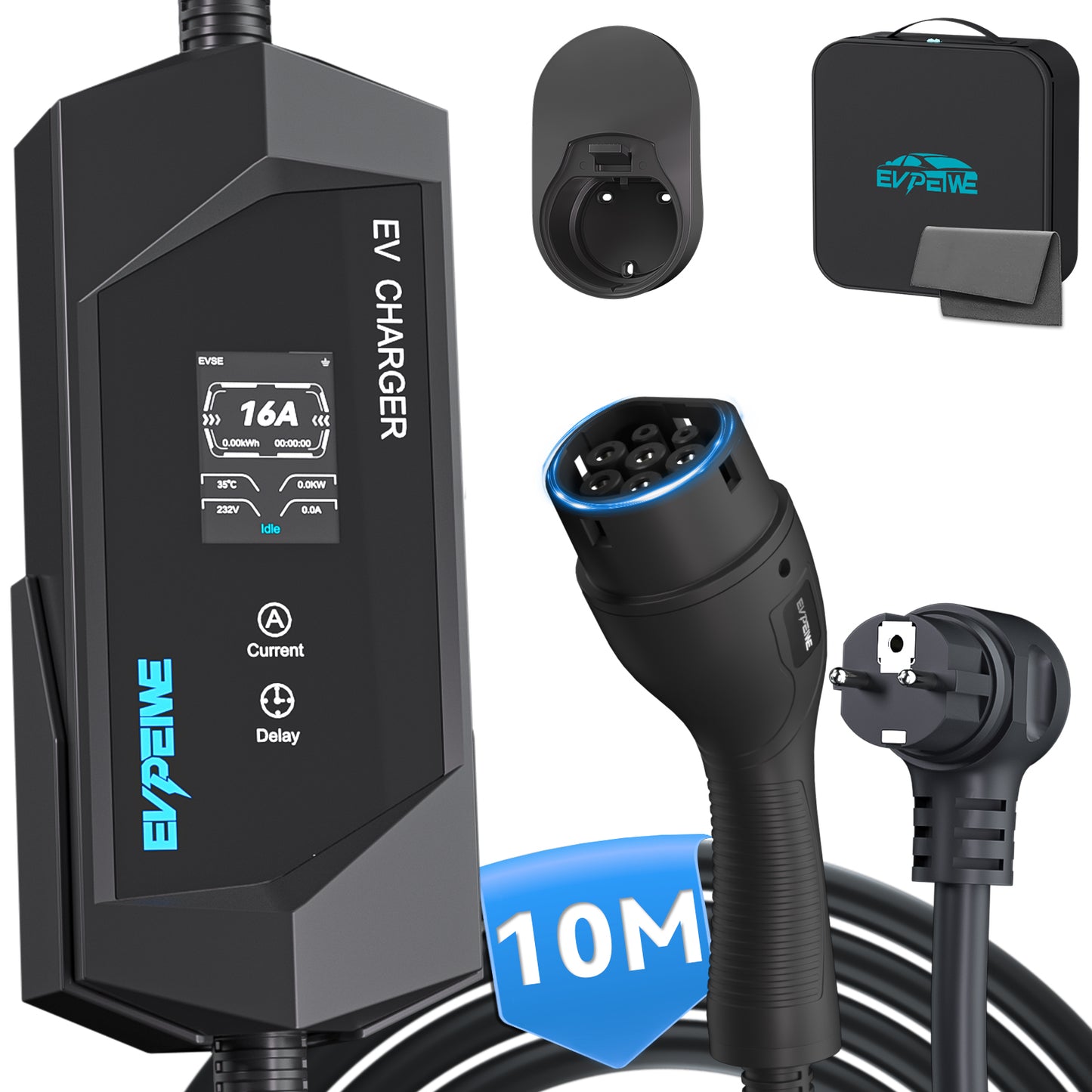 EVPEIWE Type 2 Portable EV Charger, Schuko Plug 6-16A 3.6KW Charging Cable for BEV/PHEV, with Holder & Bag (Black/Silver)