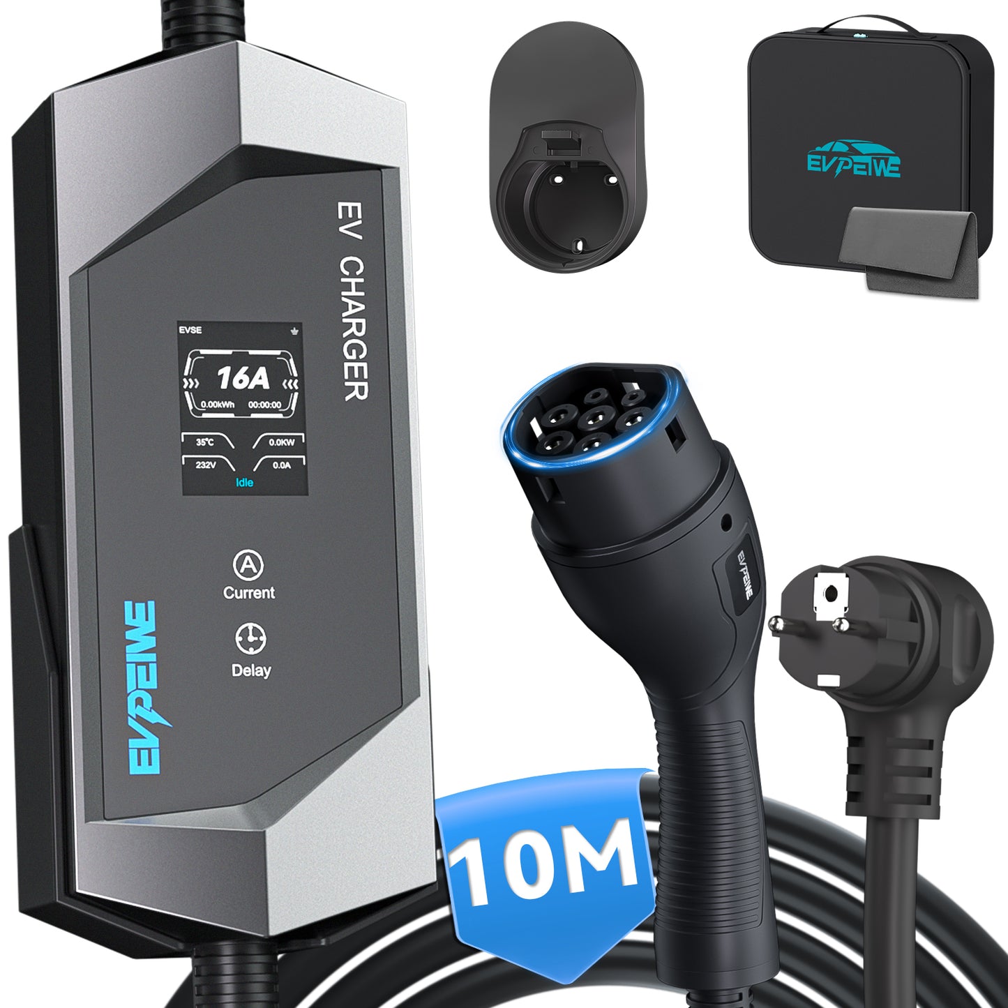 EVPEIWE Type 2 Portable EV Charger, Schuko Plug 6-16A 3.6KW Charging Cable for BEV/PHEV, with Holder & Bag (Black/Silver)