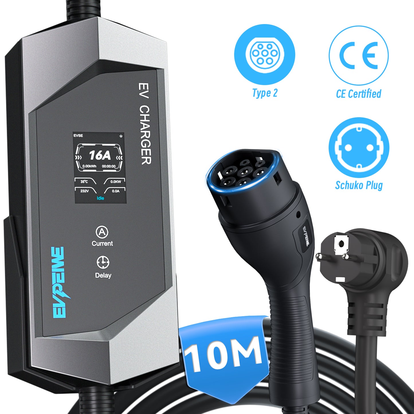 EVPEIWE Type 2 Portable EV Charger, 3.6kW 6–16A Adjustable, Schuko Plug, Charging Cable for BEV & PHEV, with Holder & Carry Bag (Black/Silver)