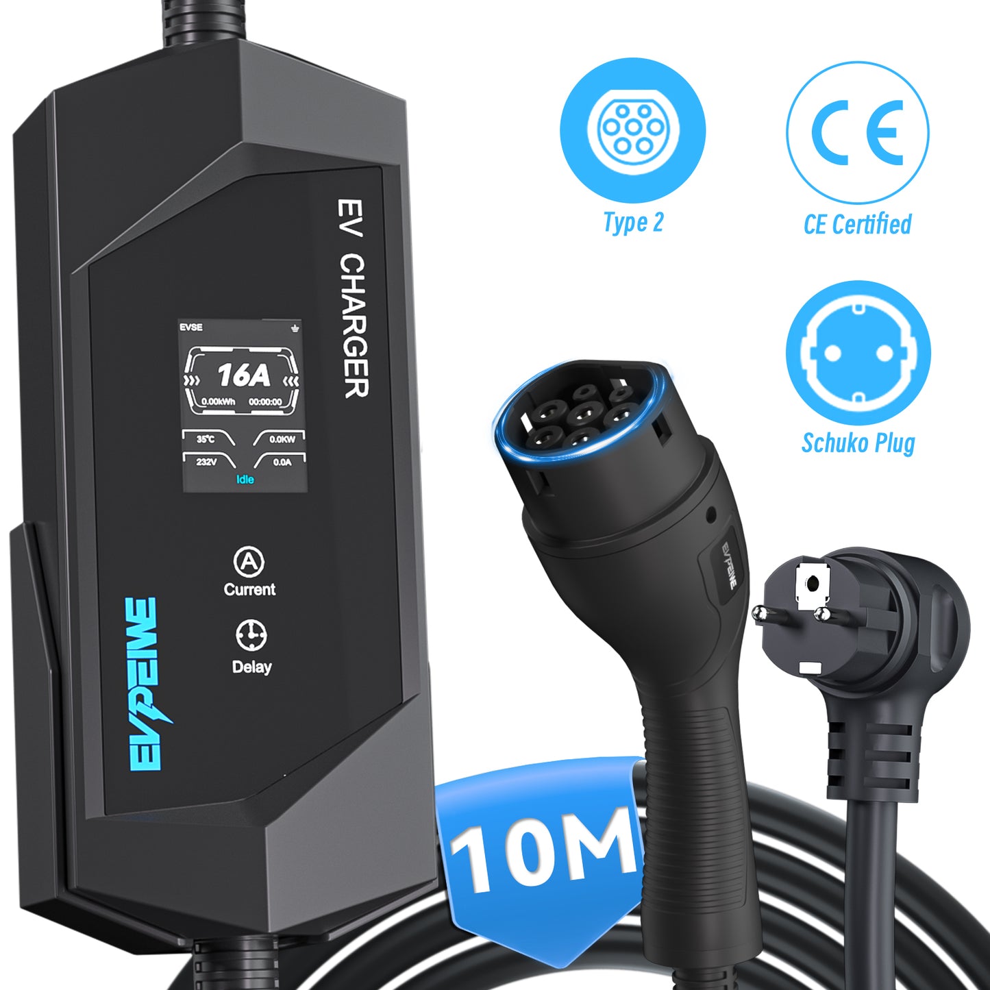 EVPEIWE Type 2 Portable EV Charger, 3.6kW 6–16A Adjustable, Schuko Plug, Charging Cable for BEV & PHEV, with Holder & Carry Bag (Black/Silver)