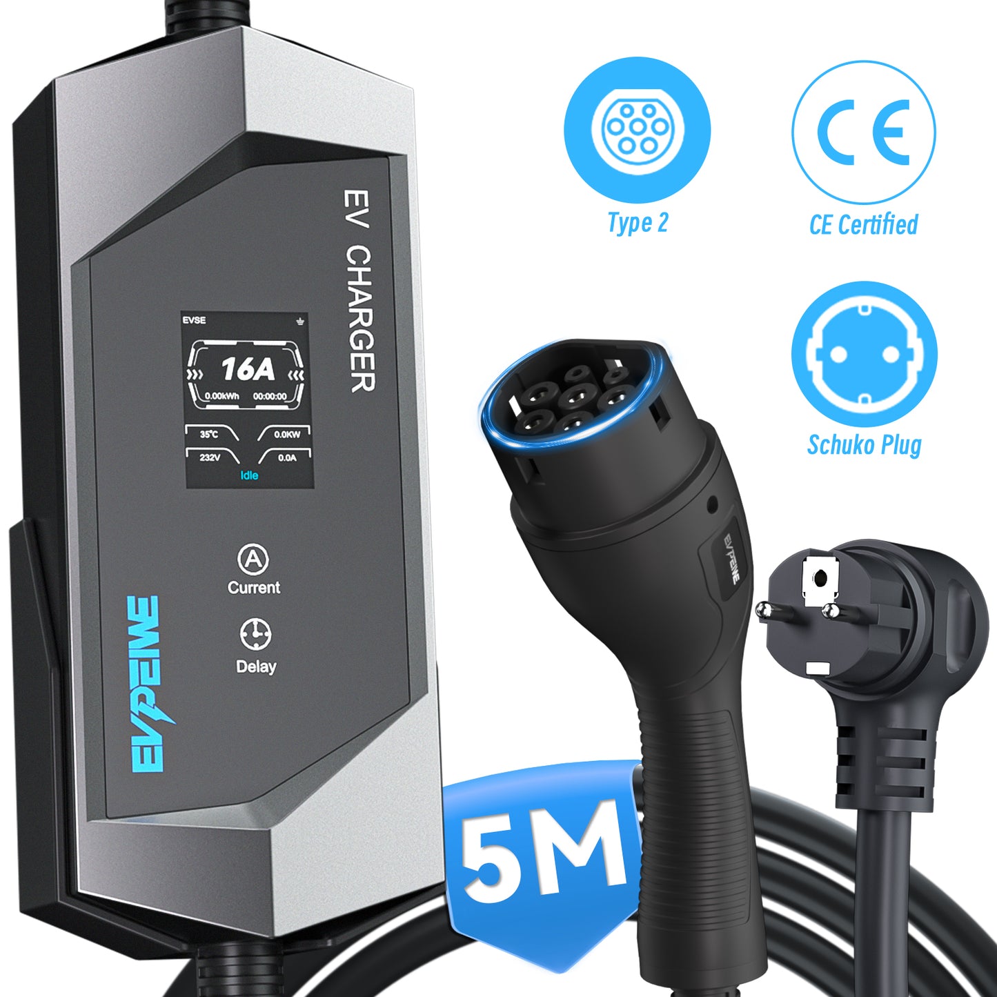 EVPEIWE Type 2 Portable EV Charger, 3.6kW 6–16A Adjustable, Schuko Plug, Charging Cable for BEV & PHEV, with Holder & Carry Bag (Black/Silver)