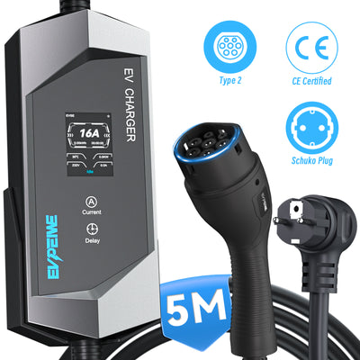 EVPEIWE Type 2 Portable EV Charger, 3.6kW 6–16A Adjustable, Schuko Plug, Charging Cable for BEV & PHEV, with Holder & Carry Bag (Black/Silver)