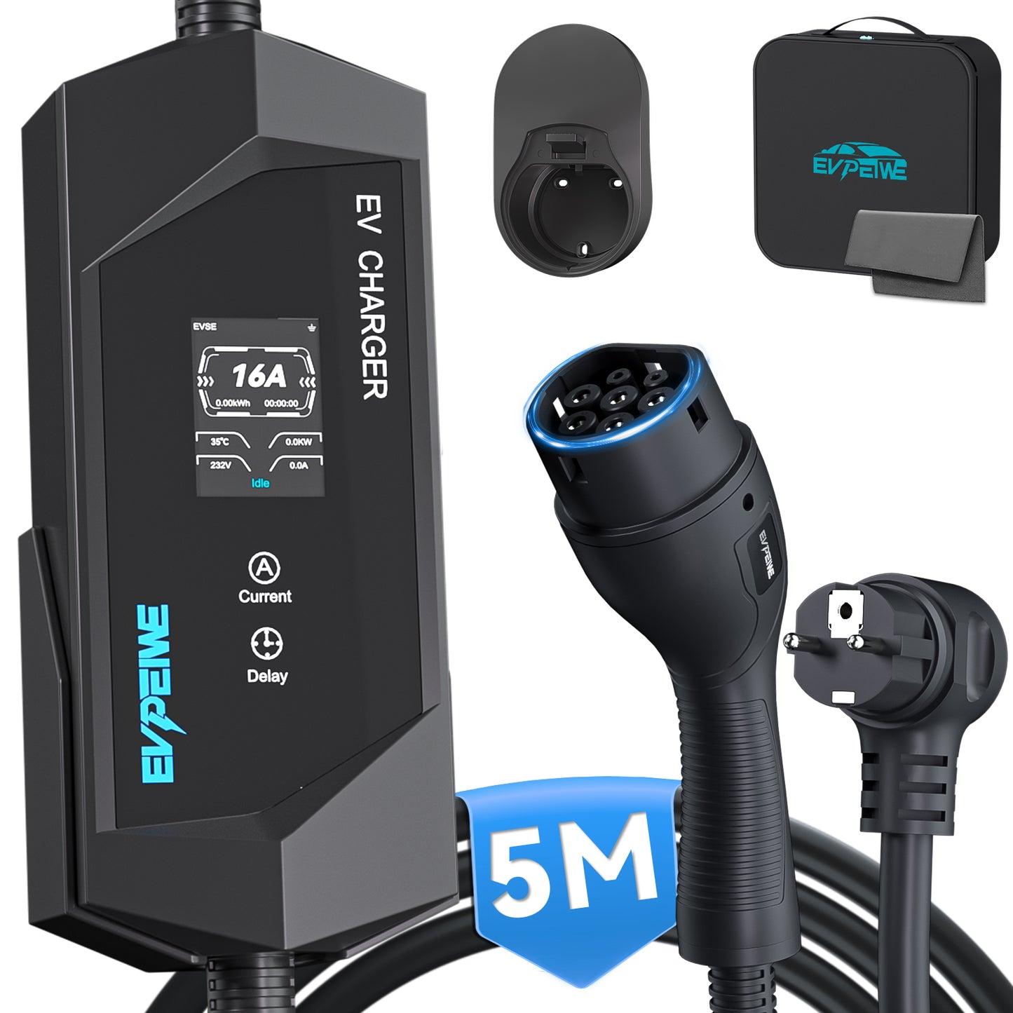 EVPEIWE Type 2 Portable EV Charger, Schuko Plug 6-16A 3.6KW Charging Cable for BEV/PHEV, with Holder & Bag (Black/Silver)