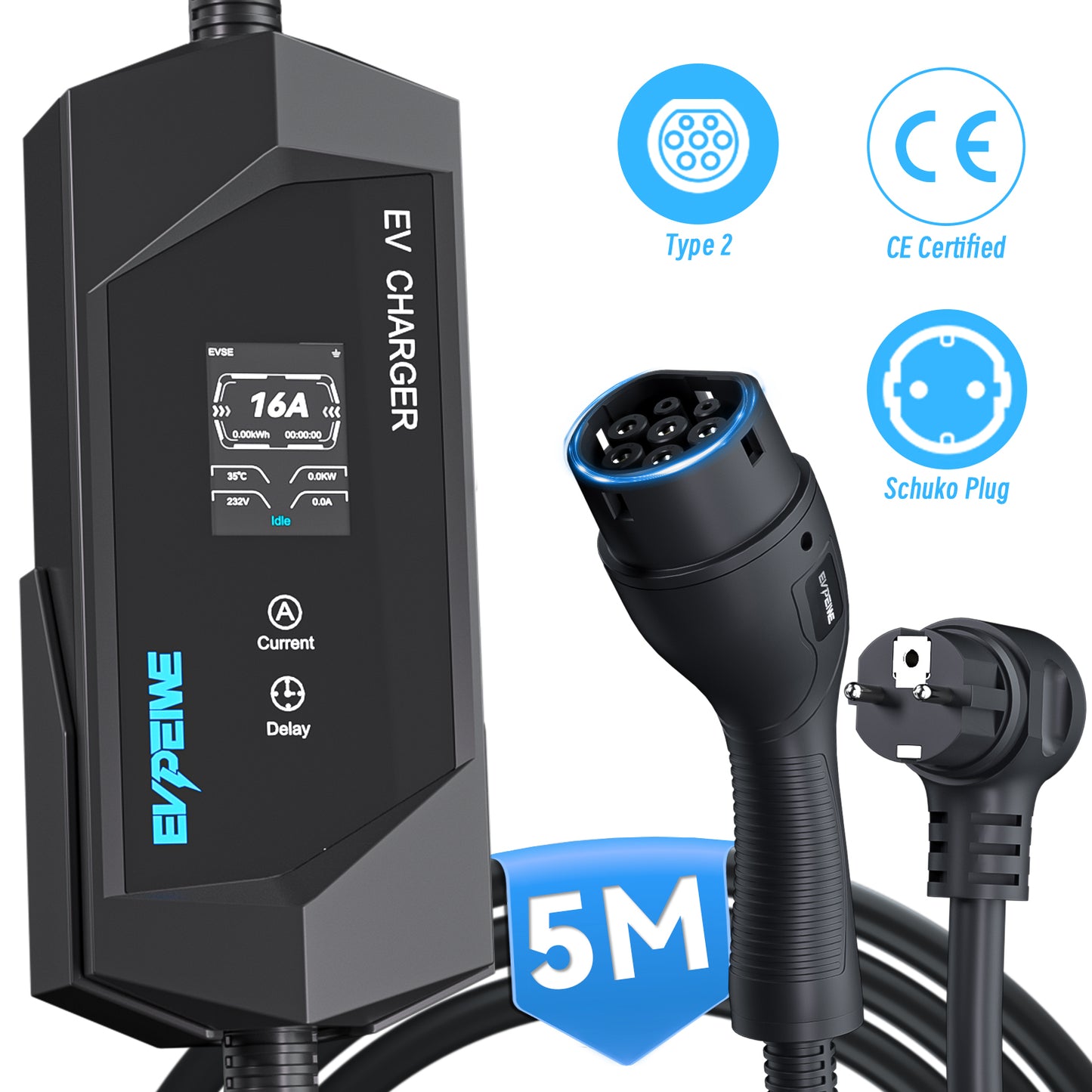 EVPEIWE Type 2 Portable EV Charger, 3.6kW 6–16A Adjustable, Schuko Plug, Charging Cable for BEV & PHEV, with Holder & Carry Bag (Black/Silver)