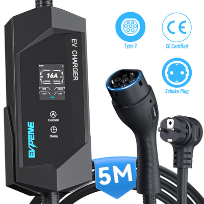 EVPEIWE Type 2 Portable EV Charger, 3.6kW 6–16A Adjustable, Schuko Plug, Charging Cable for BEV & PHEV, with Holder & Carry Bag (Black/Silver)