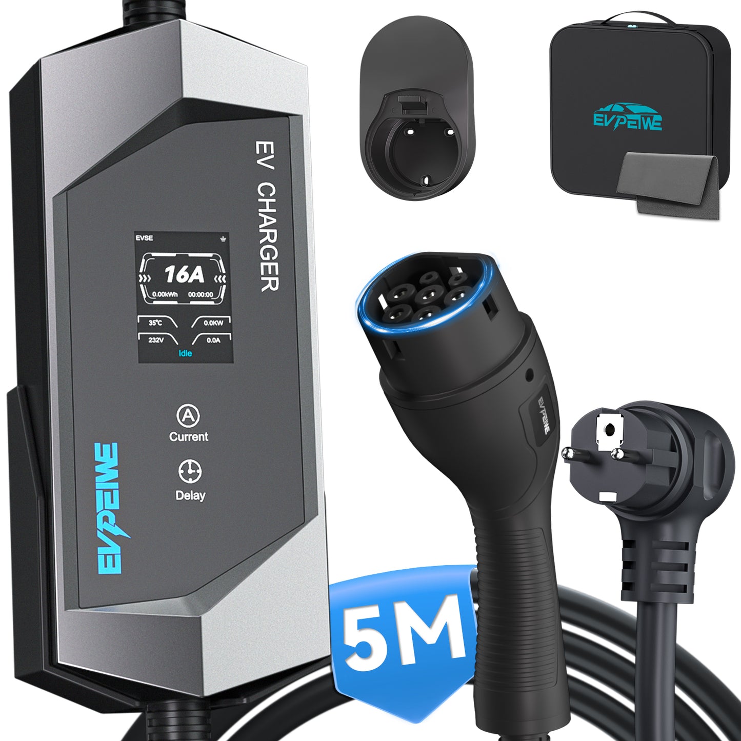 EVPEIWE Type 2 Portable EV Charger, Schuko Plug 6-16A 3.6KW Charging Cable for BEV/PHEV, with Holder & Bag (Black/Silver)