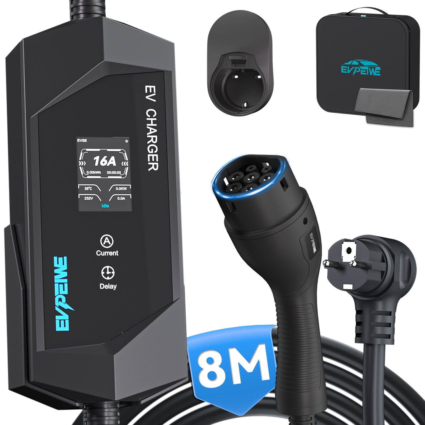 EVPEIWE Type 2 Portable EV Charger, Schuko Plug 6-16A 3.6KW Charging Cable for BEV/PHEV, with Holder & Bag (Black/Silver)