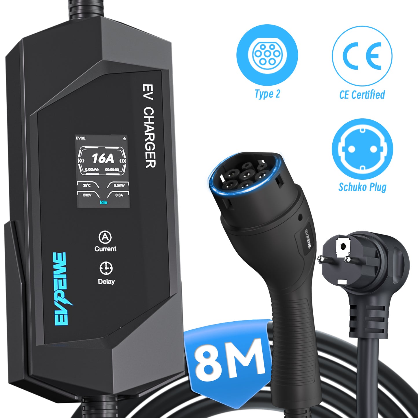 EVPEIWE Type 2 Portable EV Charger, 3.6kW 6–16A Adjustable, Schuko Plug, Charging Cable for BEV & PHEV, with Holder & Carry Bag (Black/Silver)