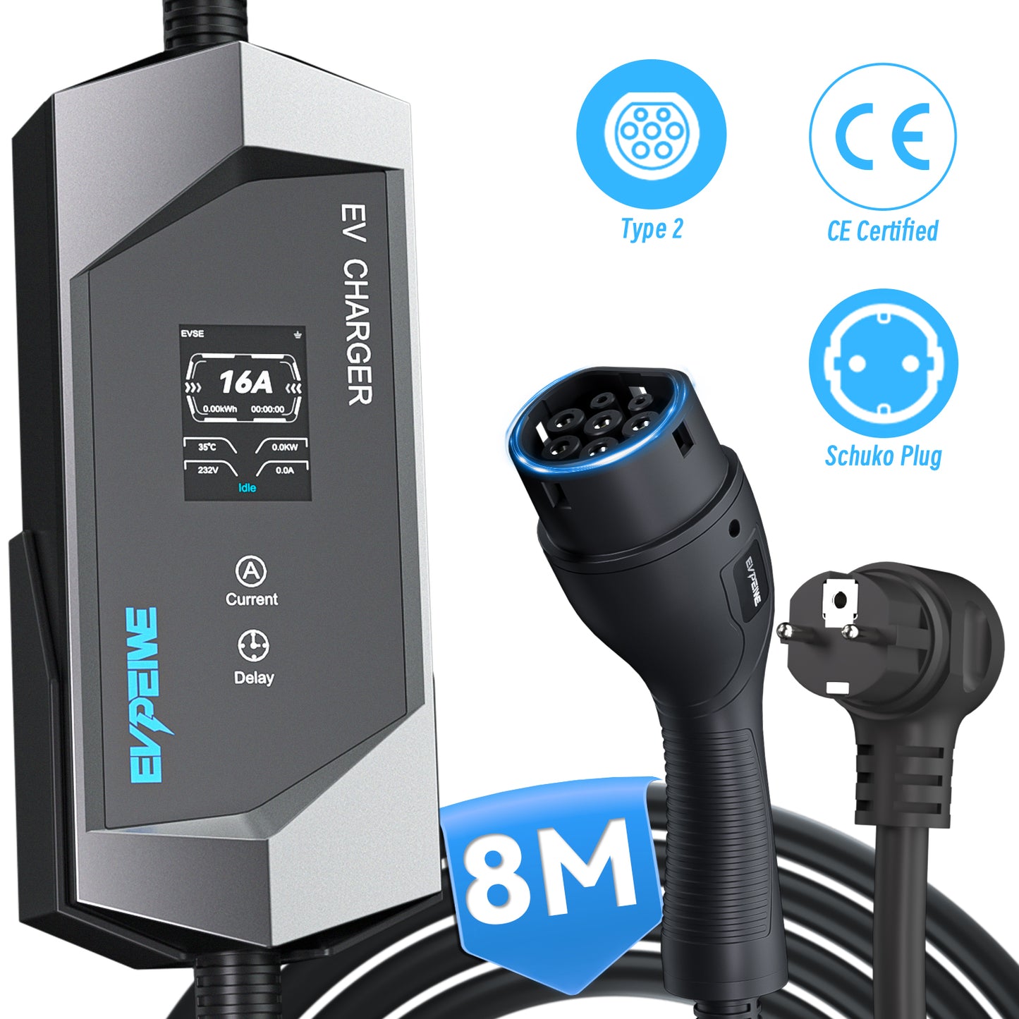 EVPEIWE Type 2 Portable EV Charger, 3.6kW 6–16A Adjustable, Schuko Plug, Charging Cable for BEV & PHEV, with Holder & Carry Bag (Black/Silver)