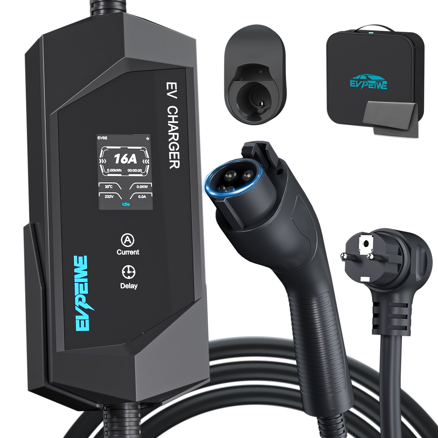 EVPEIWE 16A SAE J1772 Portable EV Charger,Schuko Plug, 5M Cable