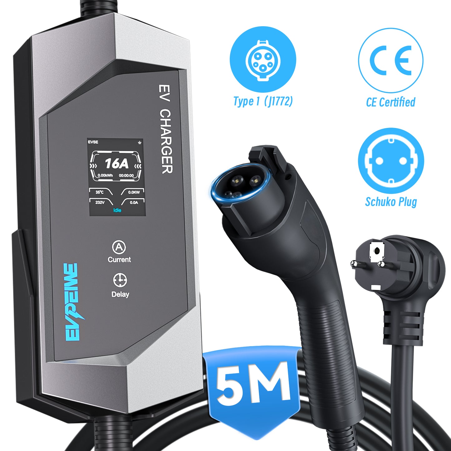 EVPEIWE 16A SAE J1772 Portable EV Charger,Schuko Plug, 5M Cable
