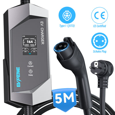 EVPEIWE 16A SAE J1772 Portable EV Charger,Schuko Plug, 5M Cable