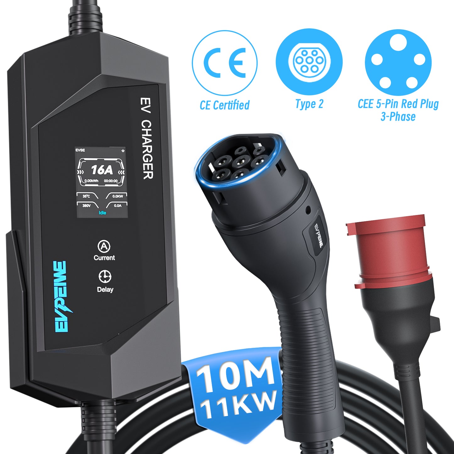 EVPEIWE 11kW Portable Type 2 EV Charger, 3-Phase 6–16A Adjustable, CEE 5-Pin Red Plug, 12H Delay Timer, IP65 Waterproof, 6M/10M Cable
