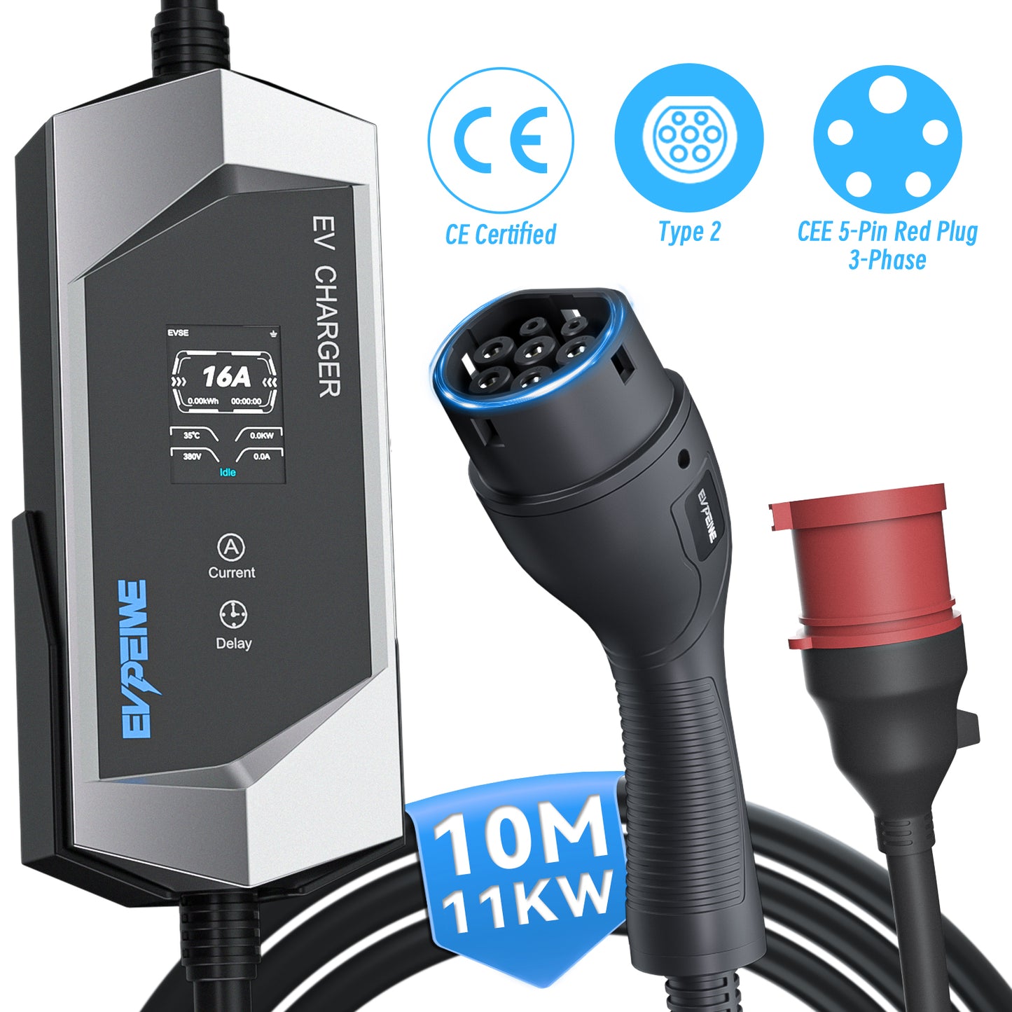 EVPEIWE 11kW Portable Type 2 EV Charger, 3-Phase 6–16A Adjustable, CEE 5-Pin Red Plug, 12H Delay Timer, IP65 Waterproof, 6M/10M Cable