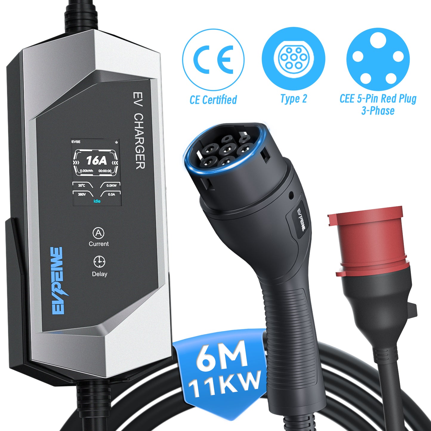 EVPEIWE 11kW Portable Type 2 EV Charger, 3-Phase 6–16A Adjustable, CEE 5-Pin Red Plug, 12H Delay Timer, IP65 Waterproof, 6M/10M Cable