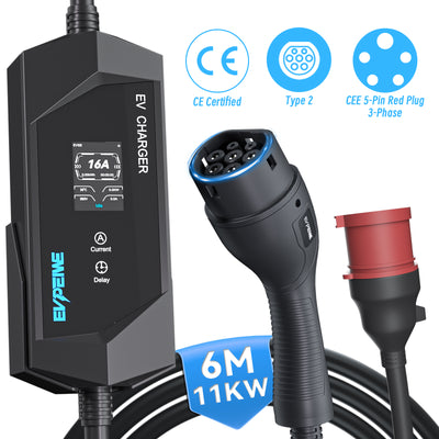 EVPEIWE 11kW Portable Type 2 EV Charger, 3-Phase 6–16A Adjustable, CEE 5-Pin Red Plug, 12H Delay Timer, IP65 Waterproof, 6M/10M Cable