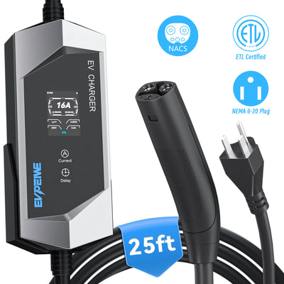 Caricabatterie portatile EVPEIWE NACS per veicoli elettrici, spina NEMA regolabile 6-16/32/40A, cavo da 7,62 m, nero/argento opzionale