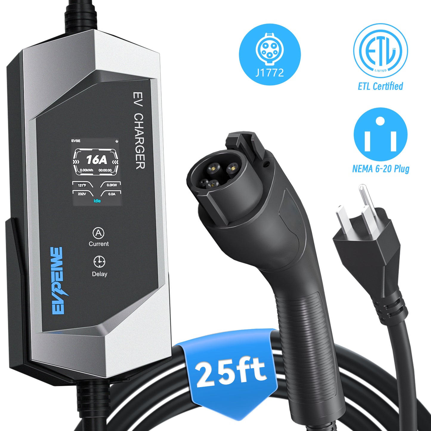 EVPEIWE 16A J1772 Tragbares EV-Ladegerät mit NEMA 6-20 Stecker, 7,6m Kabel, Schwarz/Silber Optional