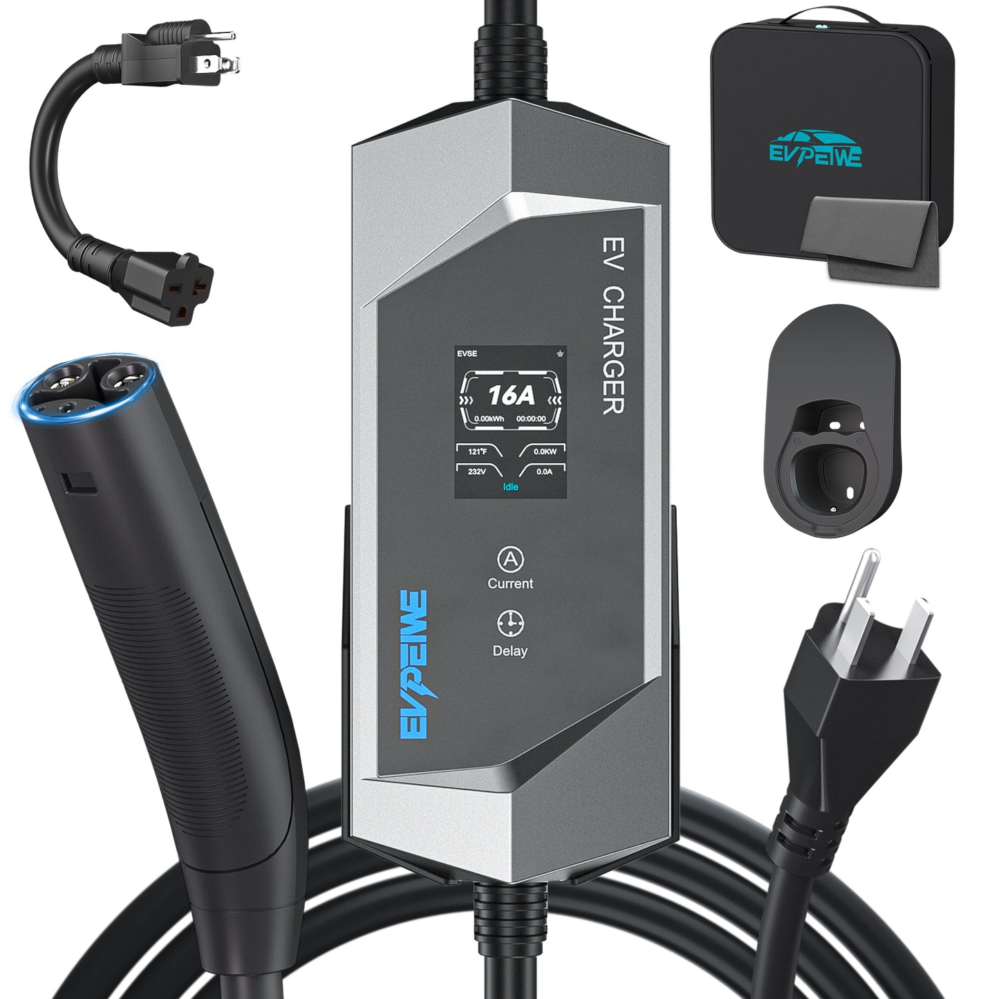 EVPEIWE NACS Portable EV Charger, NEMA Plug 6-16/32/40A Adjustable,25FT Cord,Black/Silver Optional