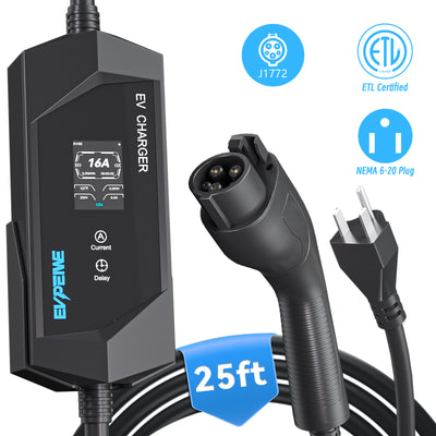 Caricabatterie portatile per veicoli elettrici EVPEIWE 16A J1772 con spina NEMA 6-20, cavo da 7,6 m, colore nero/argento opzionale