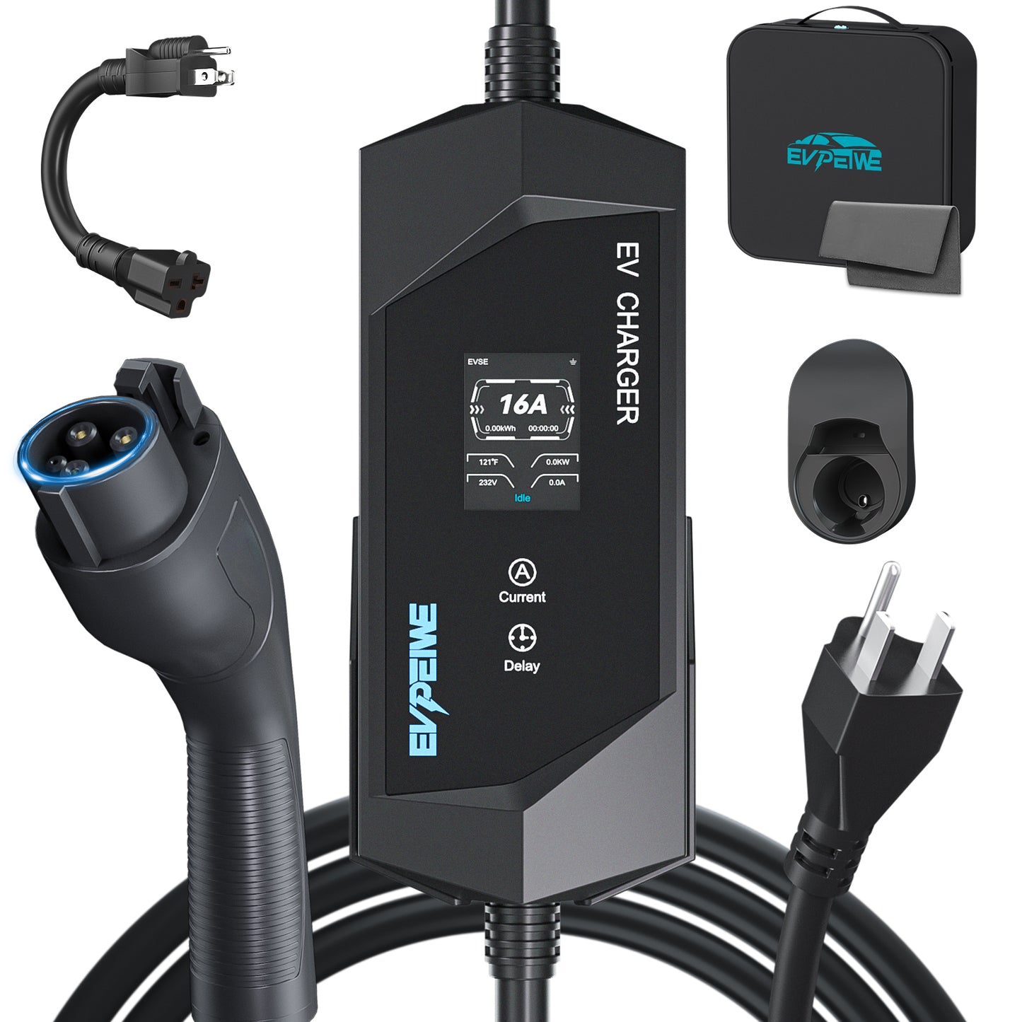 EVPEIWE 16A J1772 Portable EV Charger with NEMA 14-50/5-15 Plug, 25ft Cable, Black/Silver Optional