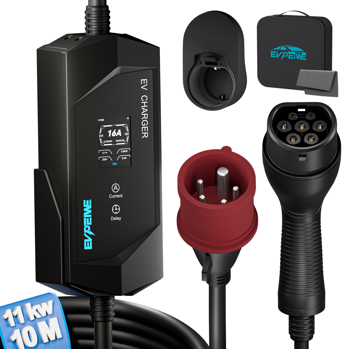 EVPEIWE Type 2 Portable EV Charger, 11KW 6-16A CEE 5-Pin Red Plug Charging Cable, 12H Timer IP65 for All Type 2 EVs (6M/10M)