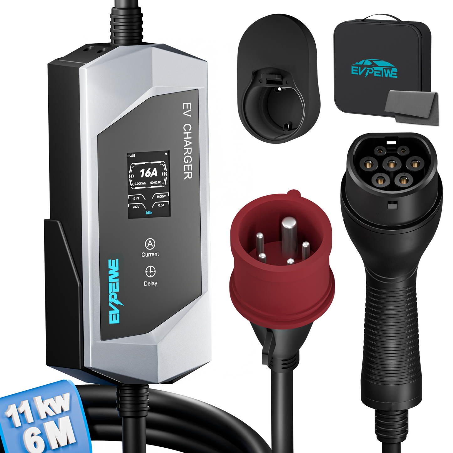 EVPEIWE Type 2 Portable EV Charger, 11KW 6-16A CEE 5-Pin Red Plug Charging Cable, 12H Timer IP65 for All Type 2 EVs (6M/10M)