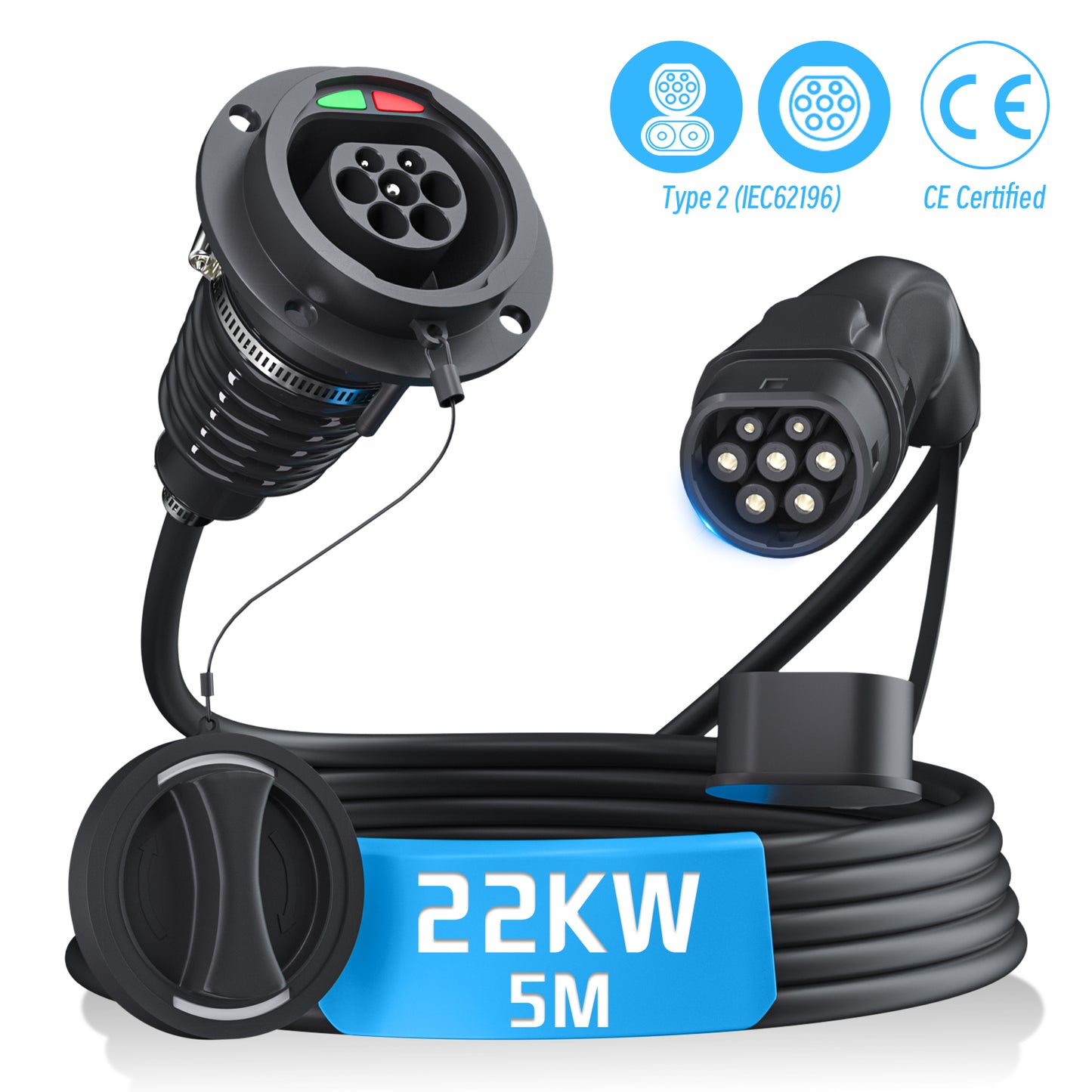 EVPEIWE Type 2 EV Charging Extension Cable 32A (7.2kW/22kW) | Male to Female | 5M & 7M | IEC 62196 Safety Lock