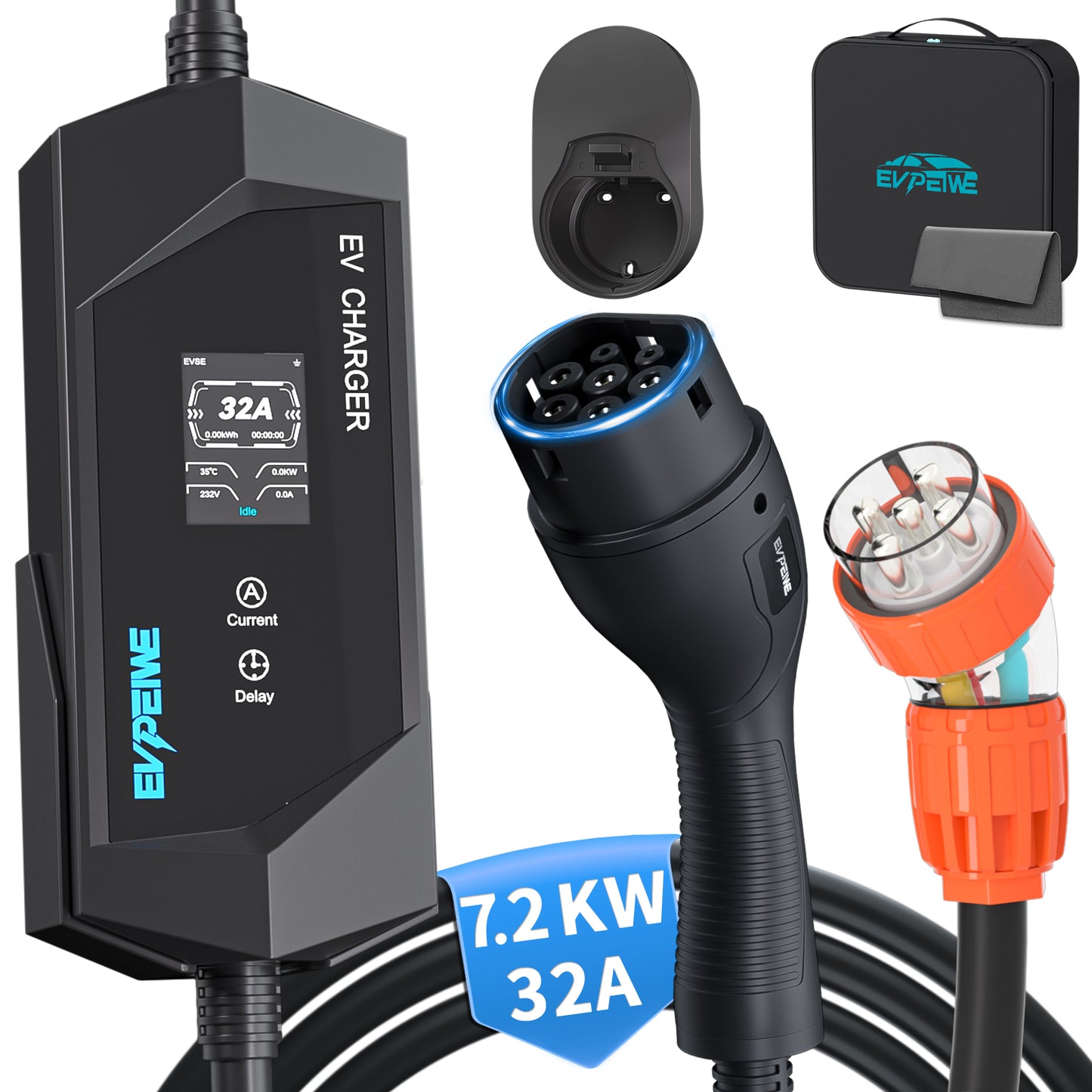 EVPEIWE 7kW Single Phase Portable EV Charger | Type 2, 32A Adjustable, 5-Pin Australian Socket, 5M Cable, 12H Timer, IP65, Black & Silver