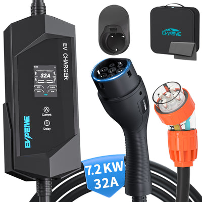 EVPEIWE 7kW Single Phase Portable EV Charger | Type 2, 32A Adjustable, 5-Pin Australian Socket, 5M Cable, 12H Timer, IP65, Black & Silver