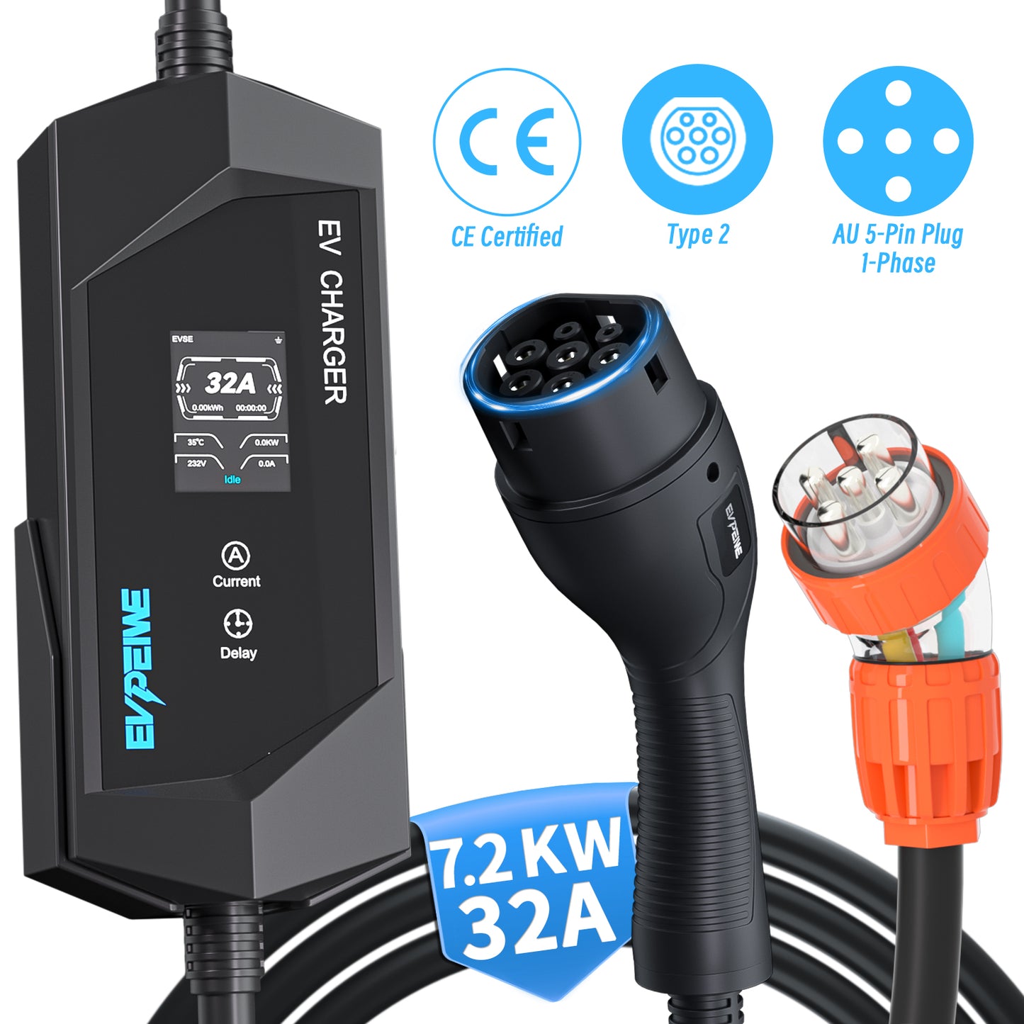 EVPEIWE 7.2kW Type 2 Portable EV Charger,32A Adjustable Level 2 Charging, AU 5-Pin Plug, 5M Cable, 12H Timer, IP65 Waterproof