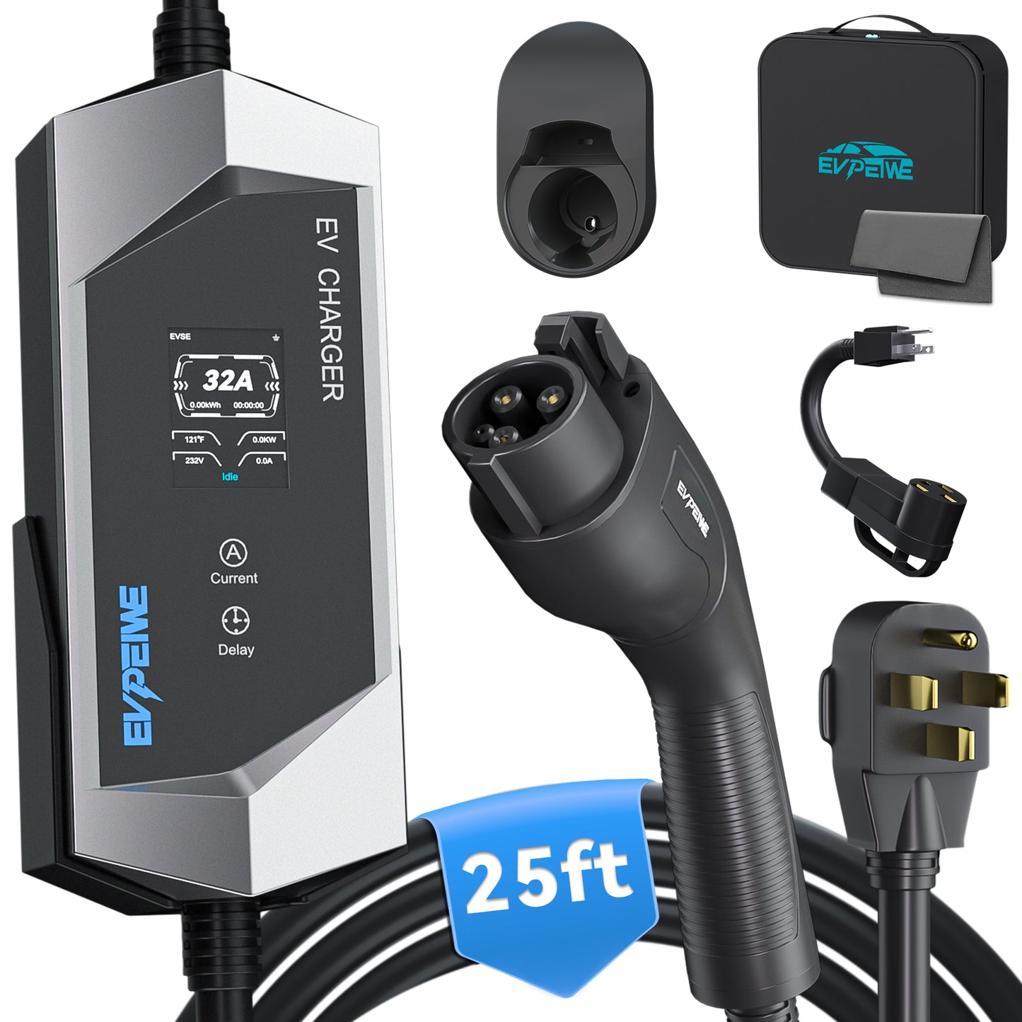 EVPEIWE 32A J1772 Portable EV Charger with NEMA 14-50/5-15 Plug, 25ft Cable, Black/Silver Optional