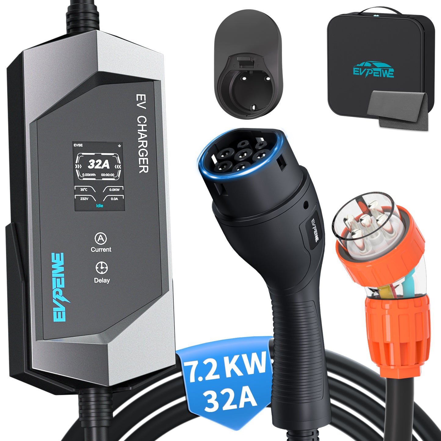EVPEIWE 7kW Single Phase Portable EV Charger | Type 2, 32A Adjustable, 5-Pin Australian Socket, 5M Cable, 12H Timer, IP65, Black & Silver