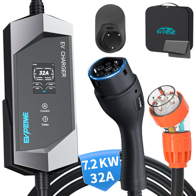 EVPEIWE 7kW Single Phase Portable EV Charger | Type 2, 32A Adjustable, 5-Pin Australian Socket, 5M Cable, 12H Timer, IP65, Black & Silver