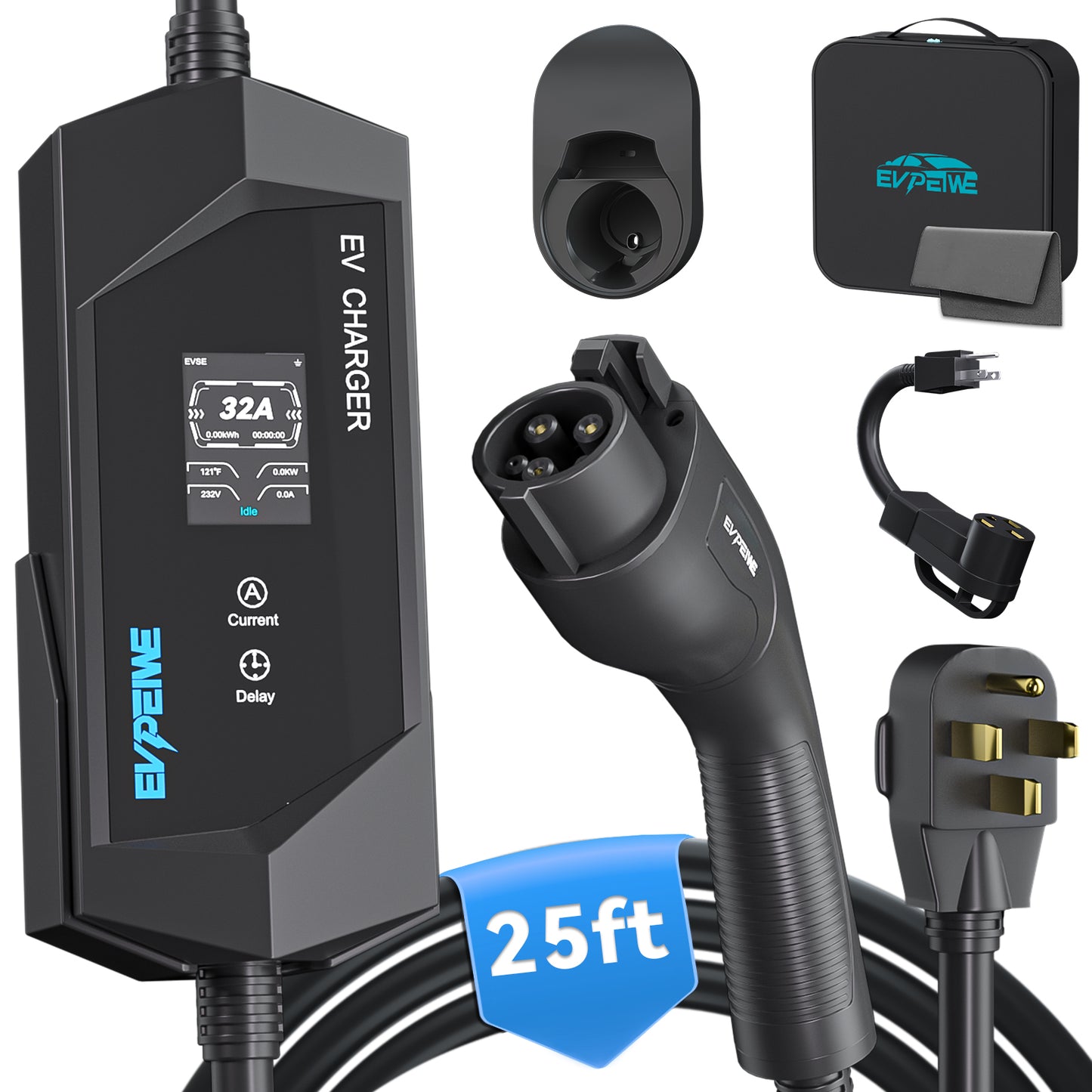 EVPEIWE 32A J1772 Portable EV Charger with NEMA 14-50/5-15 Plug, 25ft Cable, Black/Silver Optional