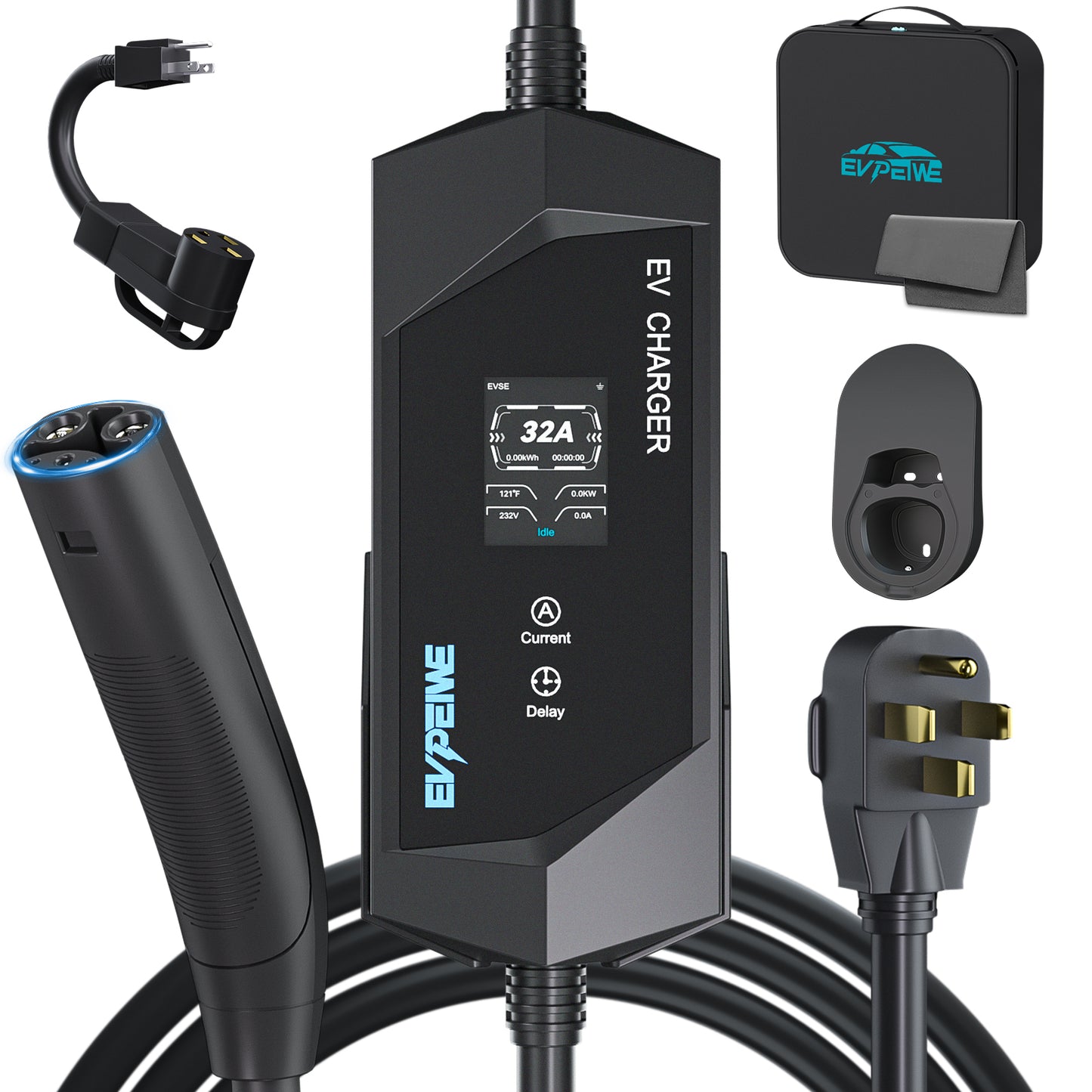 EVPEIWE NACS Portable EV Charger, NEMA Plug 6-16/32/40A Adjustable,25FT Cord,Black/Silver Optional
