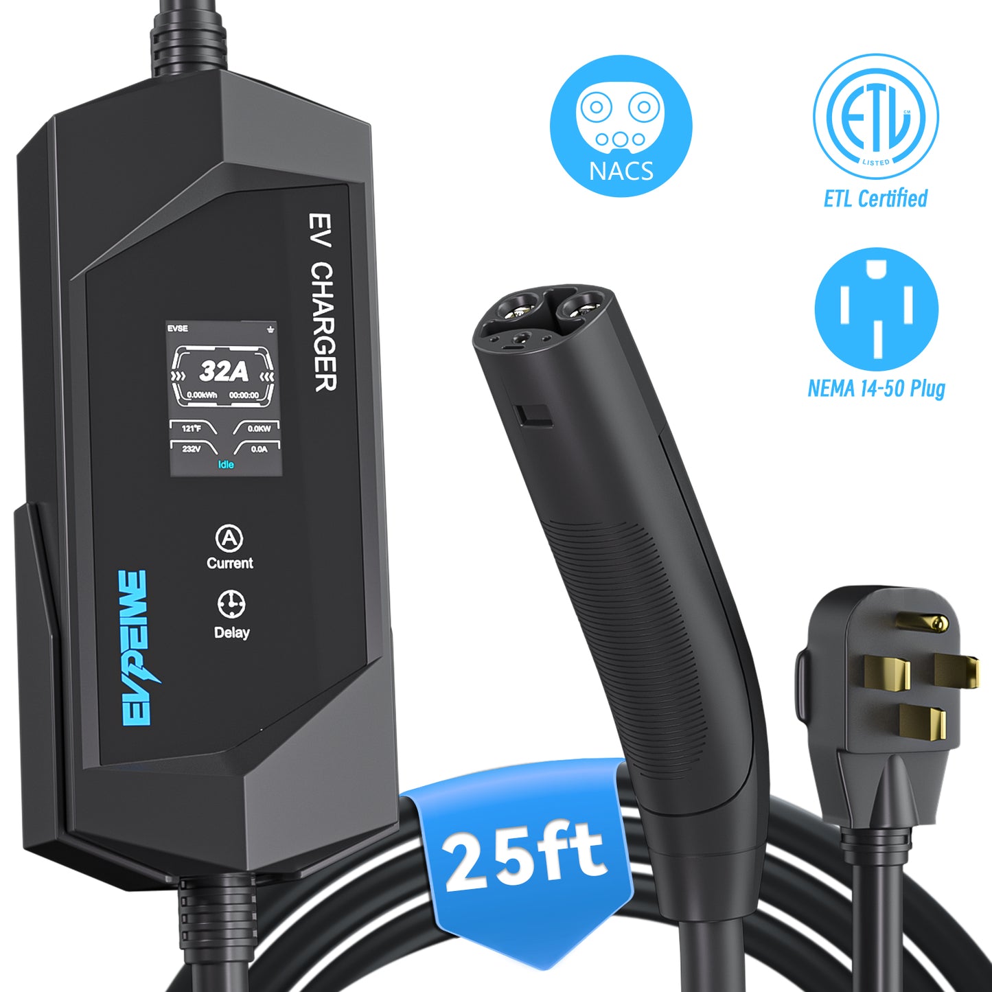 EVPEIWE NACS Tragbares EV-Ladegerät, NEMA-Stecker 6-16/32/40A Einstellbar, 7,62 m Kabel, Schwarz/Silber Optional