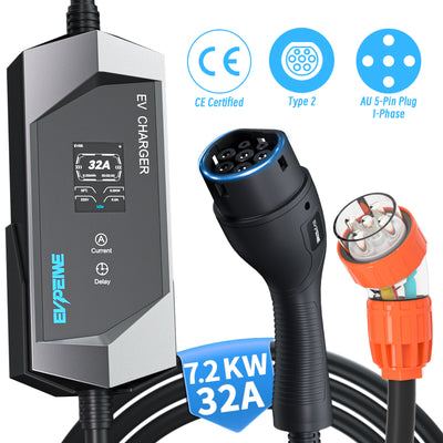 EVPEIWE 7.2kW Type 2 Portable EV Charger,32A Adjustable Level 2 Charging, AU 5-Pin Plug, 5M Cable, 12H Timer, IP65 Waterproof