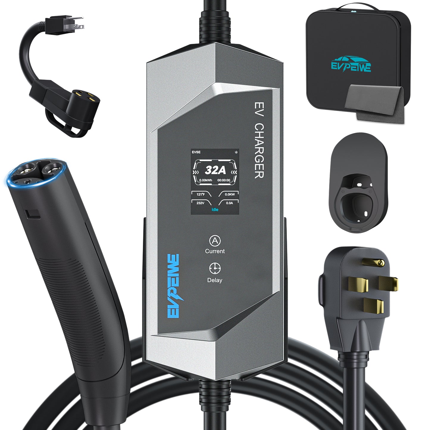 EVPEIWE NACS Portable EV Charger, NEMA Plug 6-16/32/40A Adjustable,25FT Cord,Black/Silver Optional