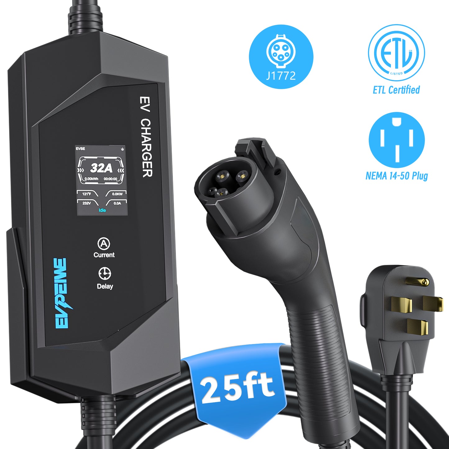 EVPEIWE 32A J1772 Tragbares EV-Ladegerät mit NEMA 14-50, 7,6 m Kabel, Schwarz/Silber Optional